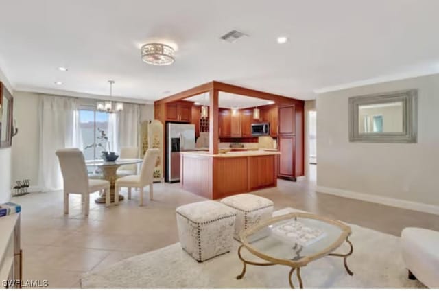 116 Capri Blvd, Naples, FL 34113 - living room featuring baseboards, visible vents, light tile patterned flooring, recessed lighting, and a chandelier