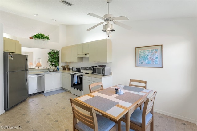 kitchen featuring sink, high vaulted ceiling, ceiling fan, and appliances with stainless steel finishes