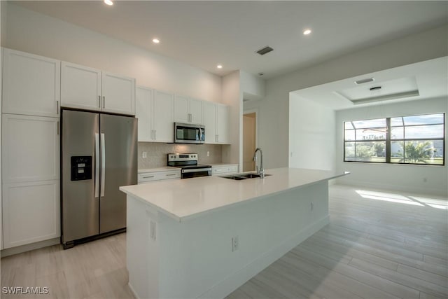 kitchen with sink, appliances with stainless steel finishes, tasteful backsplash, an island with sink, and white cabinets