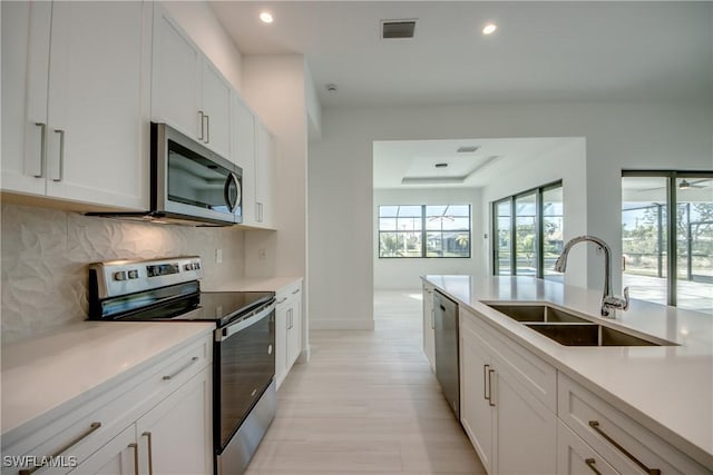 kitchen with stainless steel appliances, sink, white cabinets, and decorative backsplash