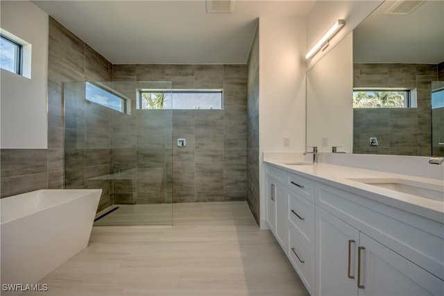 bathroom featuring vanity, separate shower and tub, and a healthy amount of sunlight