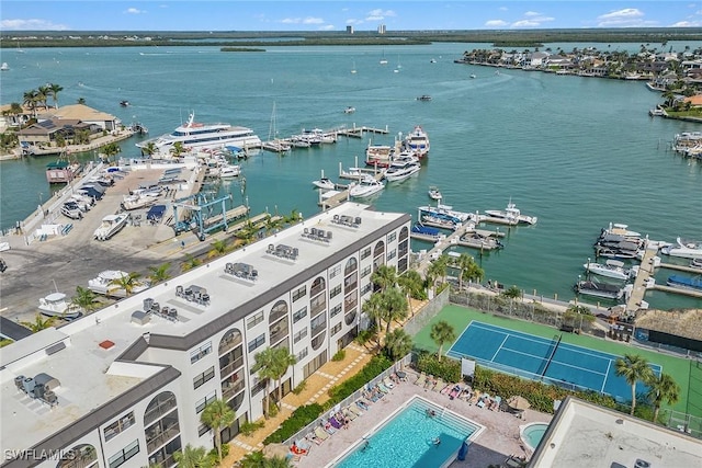 birds eye view of property featuring a water view