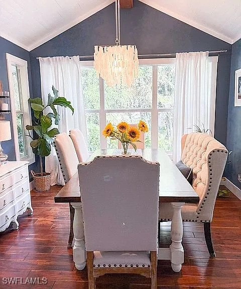 dining space with dark wood-type flooring, lofted ceiling, and a wealth of natural light