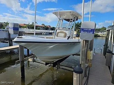 view of dock with a water view