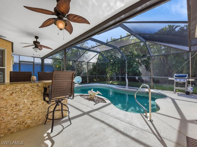 view of swimming pool featuring a lanai, area for grilling, and a patio area