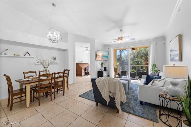 living room with crown molding, ceiling fan with notable chandelier, and light tile patterned floors