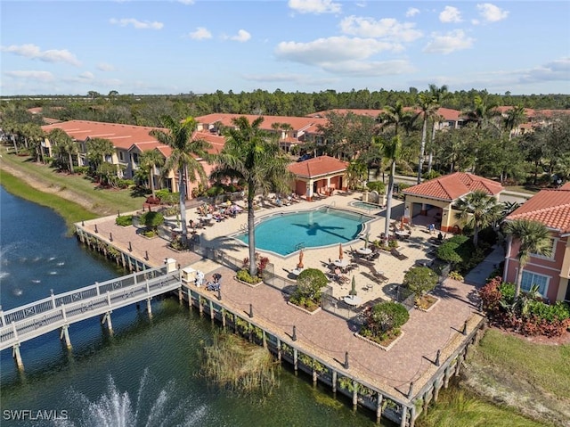 bird's eye view with a water view