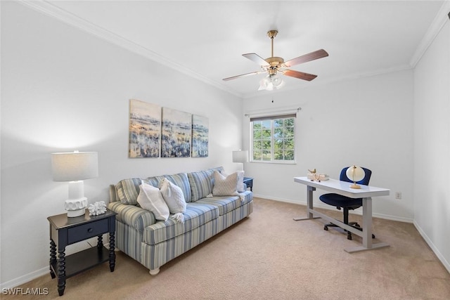 carpeted living room featuring crown molding and ceiling fan