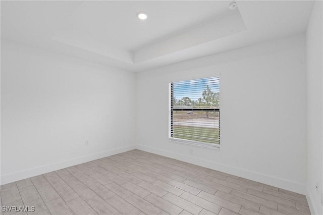 empty room with a raised ceiling and light wood-type flooring