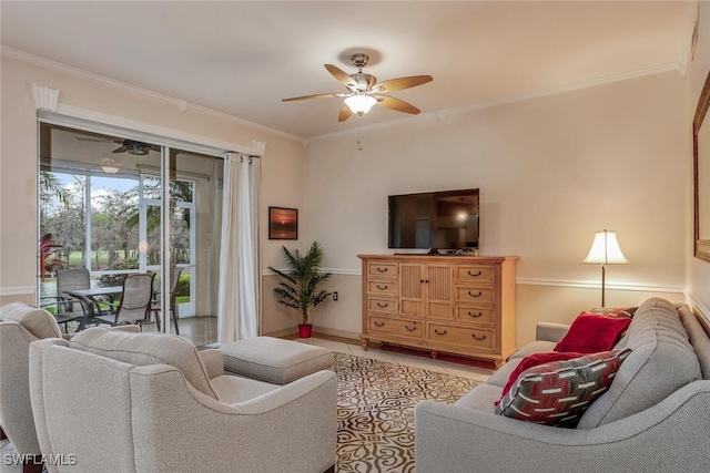 tiled living room with crown molding and ceiling fan