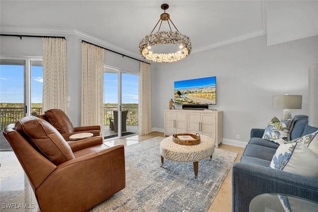 living room featuring ornamental molding, light wood-type flooring, and an inviting chandelier