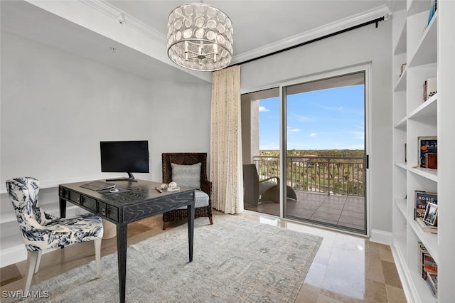 office space with crown molding, a notable chandelier, and built in features