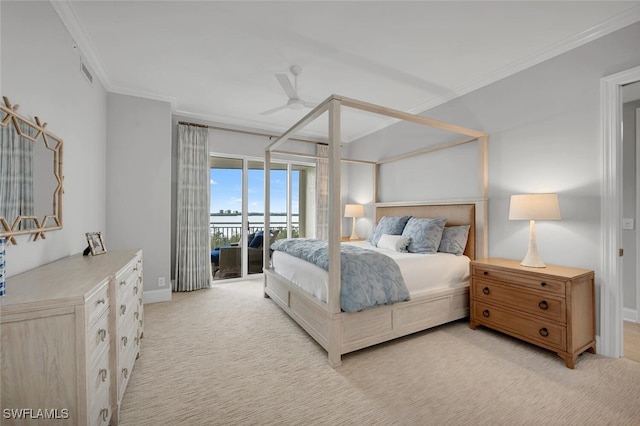 carpeted bedroom with crown molding, access to outside, and ceiling fan