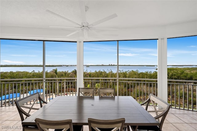 sunroom / solarium featuring a water view and ceiling fan