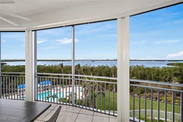 unfurnished sunroom with a water view