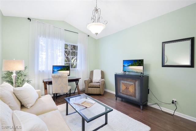 living room with dark wood-type flooring and vaulted ceiling