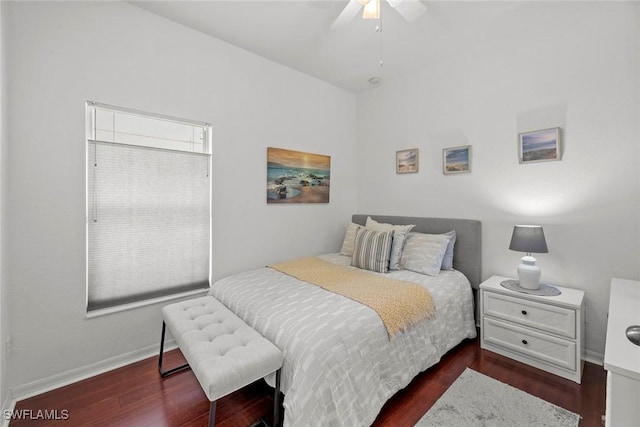 bedroom featuring dark wood-type flooring and ceiling fan