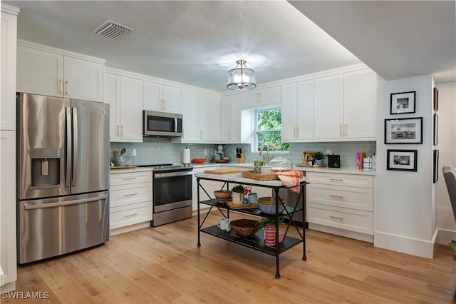 kitchen with backsplash, light wood-type flooring, white cabinets, and appliances with stainless steel finishes