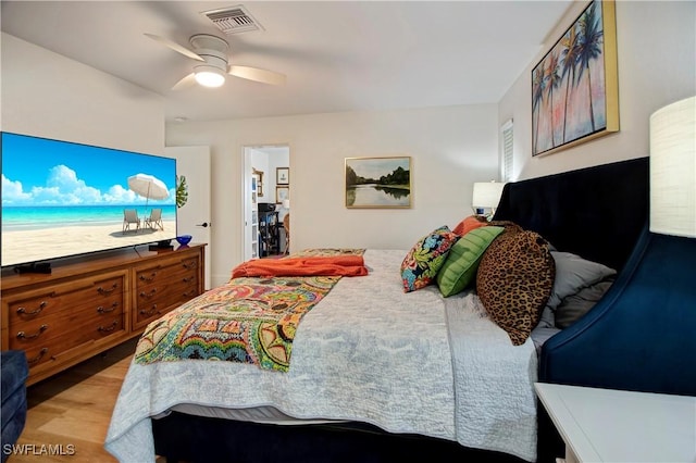 bedroom featuring ceiling fan and light wood-type flooring