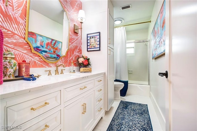 full bathroom featuring tile patterned flooring, vanity, shower / bath combination with curtain, and toilet