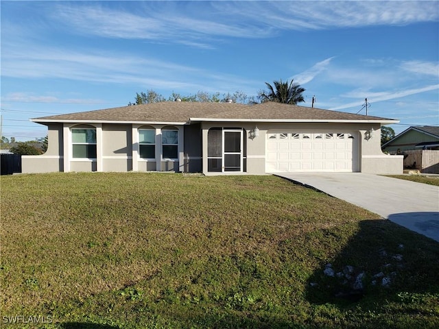 ranch-style house with a garage and a front yard