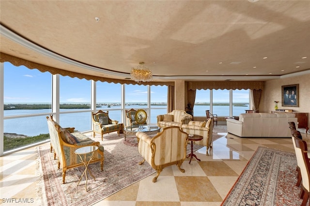 living room featuring a water view