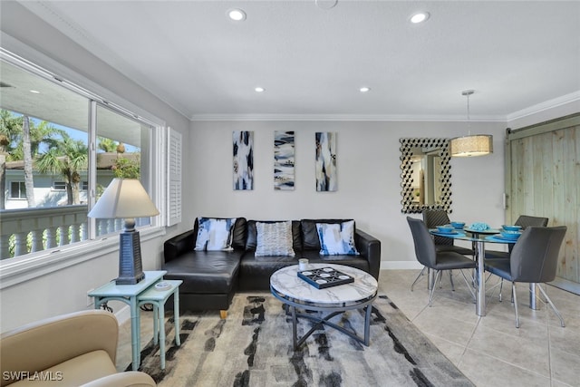 living room with crown molding and light tile patterned flooring