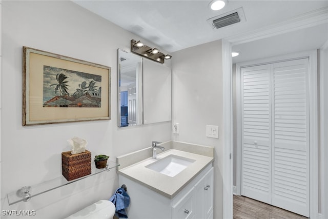 bathroom featuring hardwood / wood-style flooring and vanity