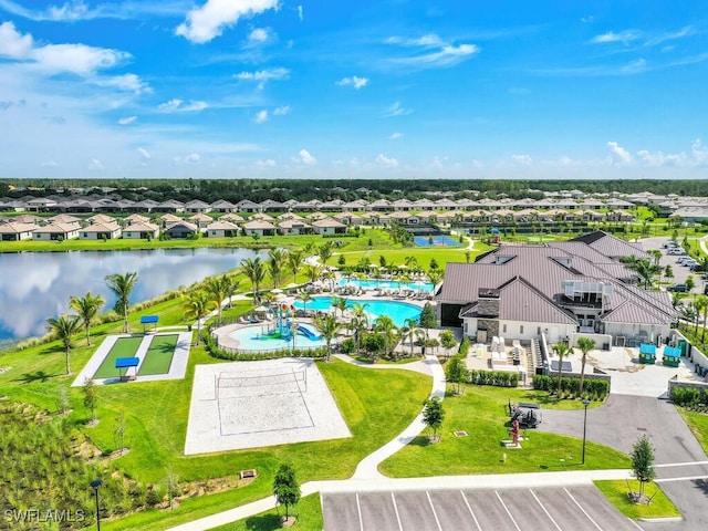 drone / aerial view featuring a water view