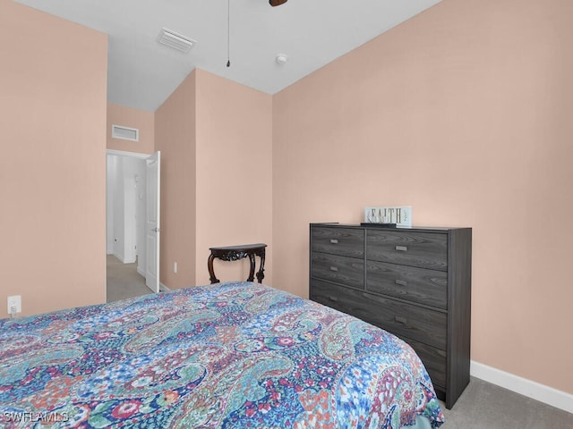 bedroom with light carpet and ceiling fan