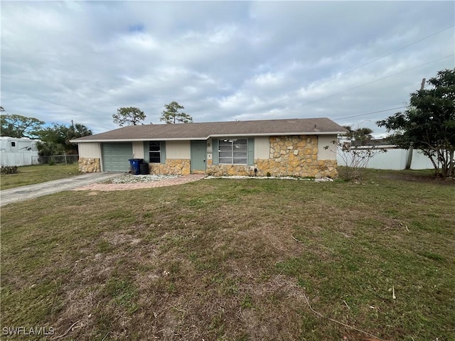 single story home with a garage and a front yard