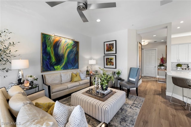 5060 Yacht Harbor Cir Unit 201, Naples, FL 34112 - living area featuring a ceiling fan, recessed lighting, and wood finished floors