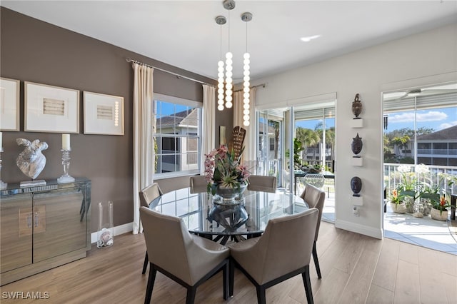 dining space with a healthy amount of sunlight and light hardwood / wood-style flooring