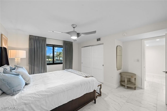 bedroom with ceiling fan and a closet