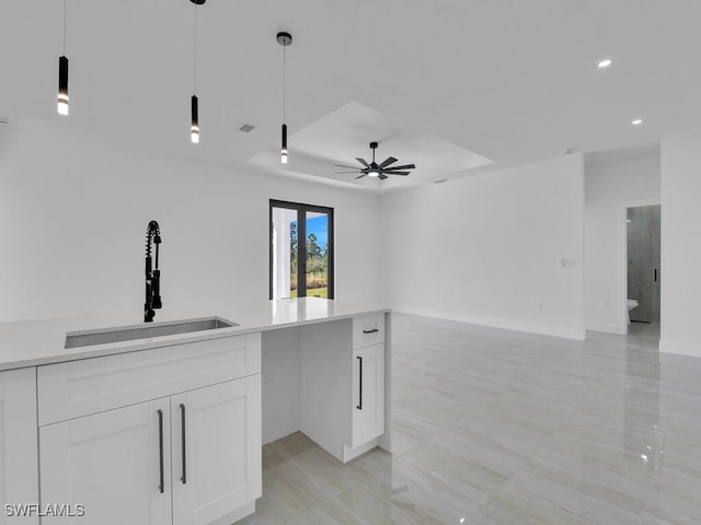 interior space with sink, ceiling fan, and a tray ceiling