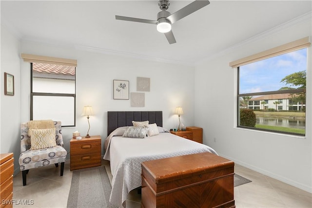 tiled bedroom with crown molding, a water view, and ceiling fan