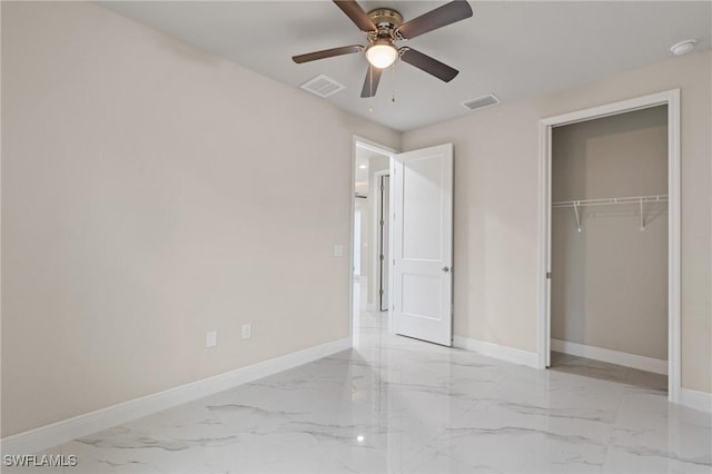 unfurnished bedroom featuring a closet and ceiling fan