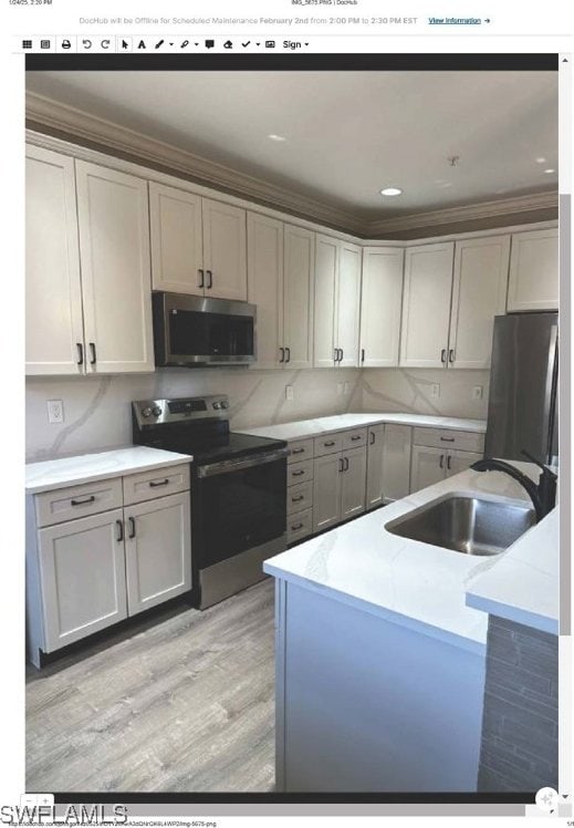 kitchen featuring sink, crown molding, light hardwood / wood-style flooring, and stainless steel appliances