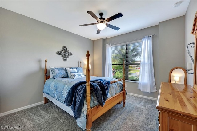 bedroom featuring dark carpet and ceiling fan