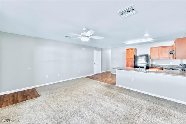 interior space featuring sink, light colored carpet, and ceiling fan