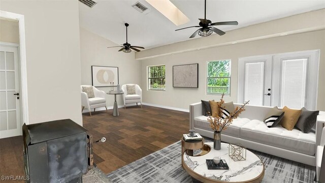 living room featuring lofted ceiling, dark hardwood / wood-style floors, and ceiling fan