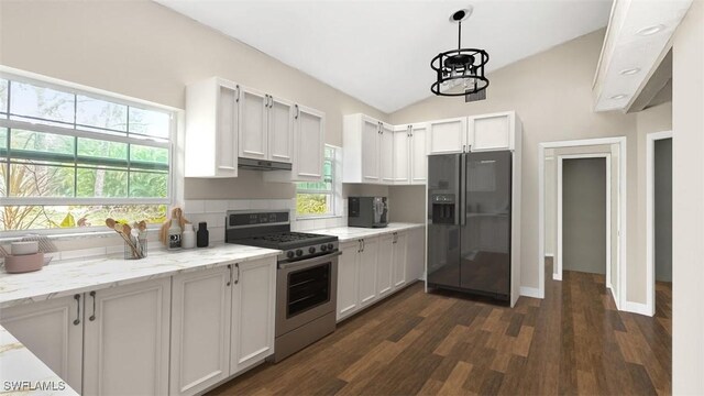 kitchen featuring vaulted ceiling, dark hardwood / wood-style floors, white cabinetry, black fridge with ice dispenser, and gas range