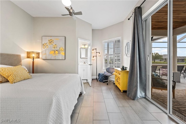 bedroom with access to exterior and ceiling fan
