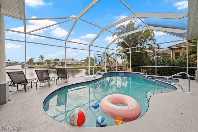 view of pool with a water view, a lanai, and a patio area