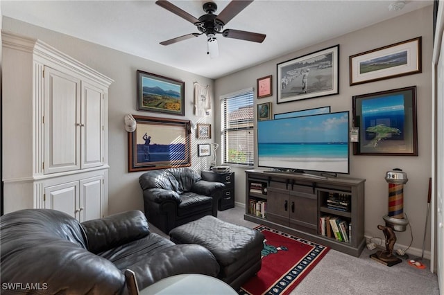 living room with light colored carpet and ceiling fan