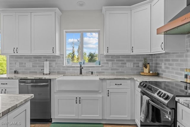 kitchen featuring sink, white cabinetry, electric range oven, ventilation hood, and stainless steel dishwasher