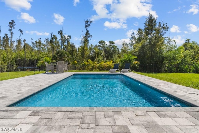 view of pool featuring a yard and a patio area