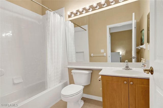 full bathroom with vanity, shower / tub combo, tile patterned floors, and toilet