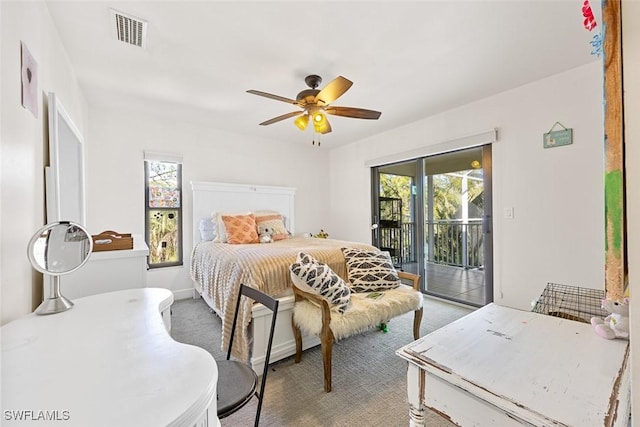 bedroom with ceiling fan, carpet, and access to outside