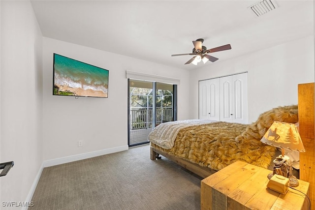 carpeted bedroom featuring access to exterior, a closet, and ceiling fan